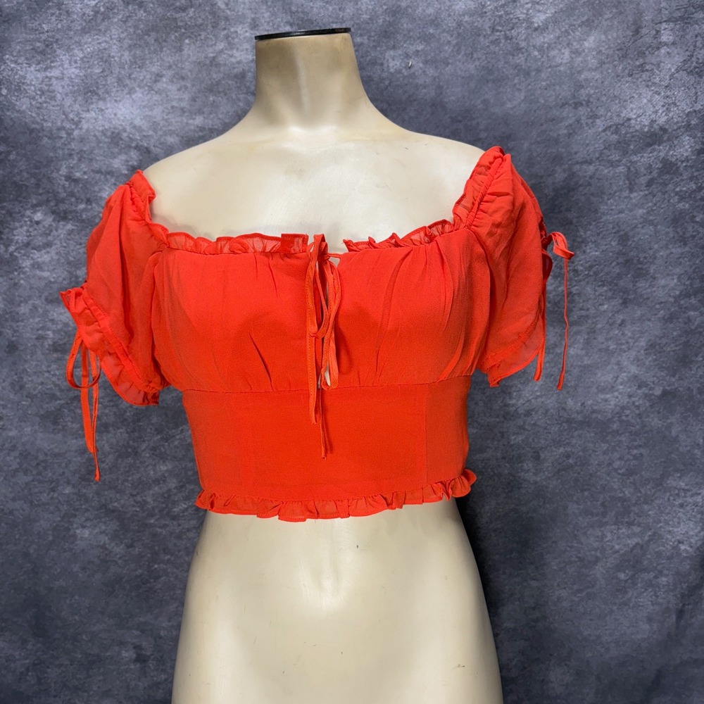 Lovers + Friends Palmer Orange Off Shoulder Ruffle Crop Top Womens XS Babydoll
